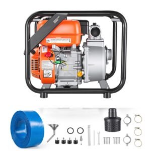 Gas Powered Water Pump, 2 in, 142 GPM 7HP Semi Trash Water Transfer Pump Portable, Gasoline Engine with 25 ft Discharge Hose, Heavy Duty Frame, Cast Iron Impeller, for Irrigation, Ponds, Pools