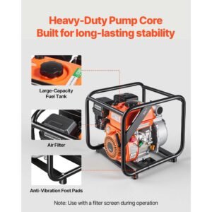 gas powered water pump, 2 in, 142 gpm 7hp semi trash water transfer pump portable, gasoline engine with 25 ft discharge hose, heavy duty frame, cast iron impeller, for irrigation, ponds, pools