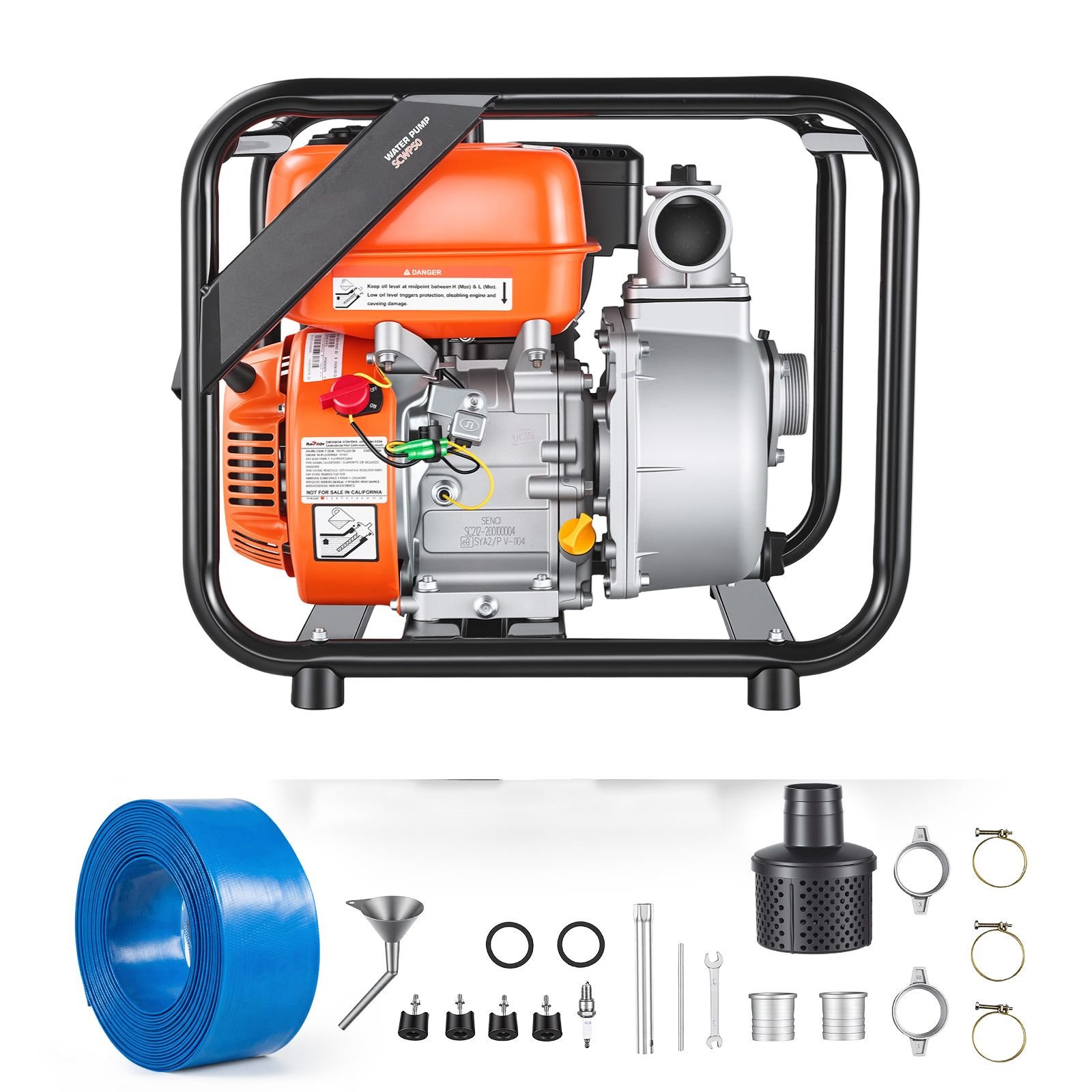 gas powered water pump, 2 in, 142 gpm 7hp semi trash water transfer pump portable, gasoline engine with 25 ft discharge hose, heavy duty frame, cast iron impeller, for irrigation, ponds, pools