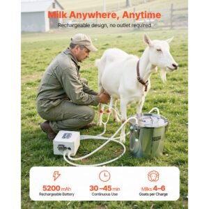 goat milking machine, 0.8 gal / 3 l food grade stainless steel bucket, with 5200 mah rechargeable battery, 2 teat cups, cordless portable pulsation vaccum electric milking machine for goats only