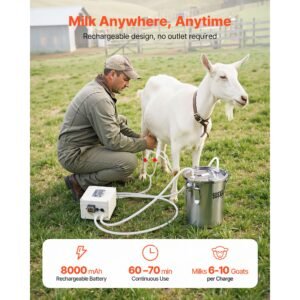 goat milking machine, 1.8 gal / 7 l food grade stainless steel bucket, 4 teat cups for cows and goats, with 8000 mah rechargeable battery, electric pulsation milking machine portable milker