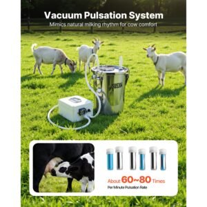 goat milking machine, 1.8 gal / 7 l food grade stainless steel bucket, 4 teat cups for cows and goats, with 8000 mah rechargeable battery, electric pulsation milking machine portable milker