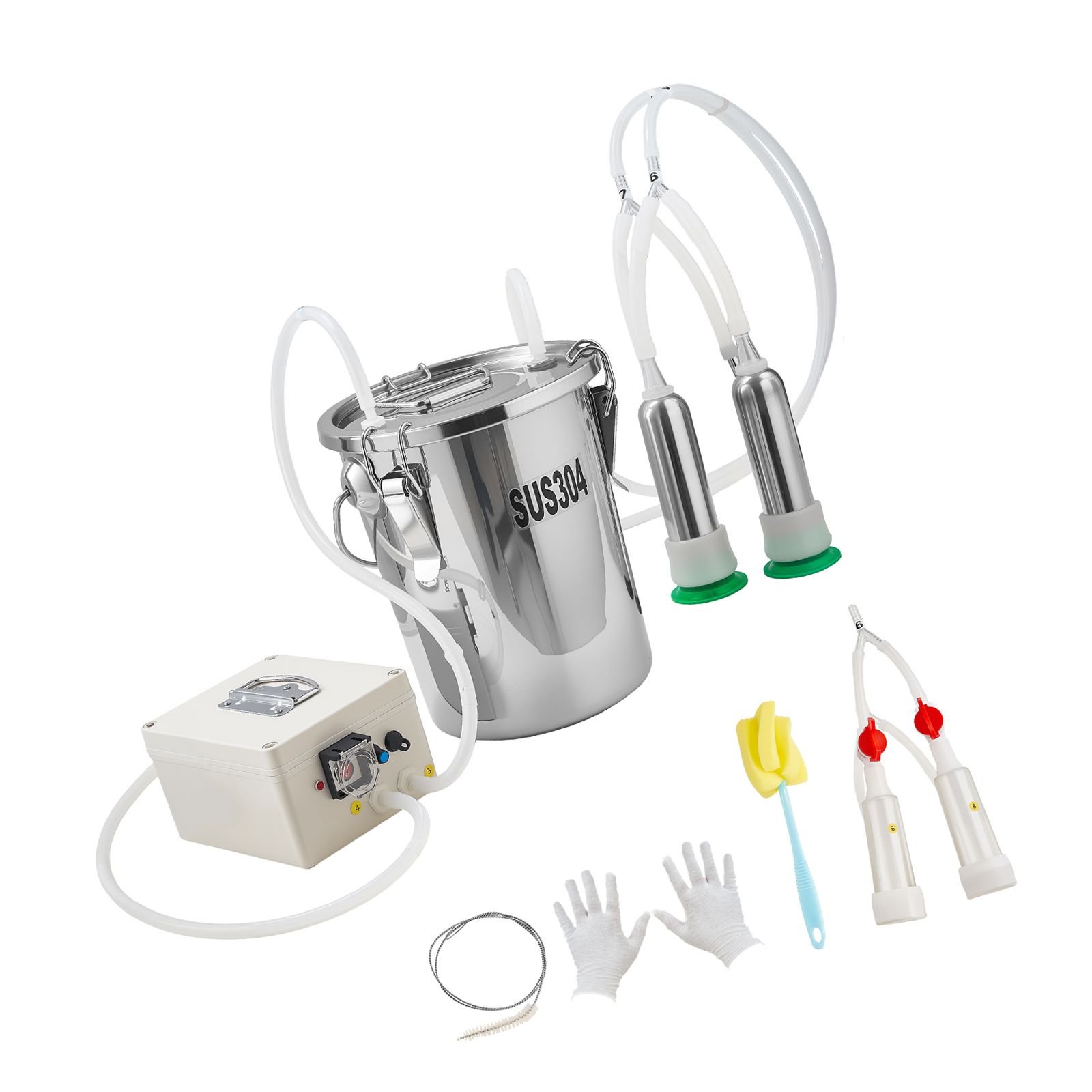 goat milking machine, 1.8 gal / 7 l food grade stainless steel bucket, 4 teat cups for cows and goats, with 8000 mah rechargeable battery, electric pulsation milking machine portable milker