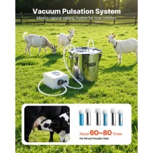 goat milking machine, 3.2 gal / 12 l food grade stainless steel bucket, 4 teat cups for cows and goats, with 8000 mah rechargeable battery, electric pulsation milking machine portable milker