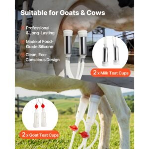 goat milking machine, 3.2 gal / 12 l food grade stainless steel bucket, 4 teat cups for cows and goats, with 8000 mah rechargeable battery, electric pulsation milking machine portable milker