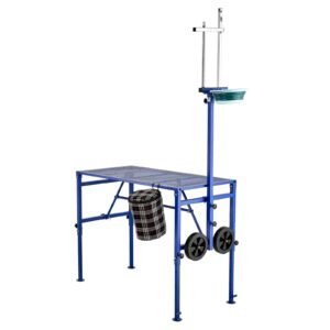 Goat Milking Stand, 600 lbs Heavy Duty Foldable Goat Stand with Feed Bin & Wheels, Adjustable Headpiece & Tool Basket, Stanchion for Grooming & Hoof Trimming, Metal Livestock Platform for Sheep