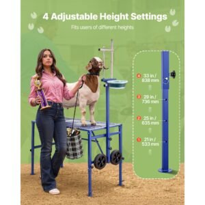 goat milking stand, 600 lbs heavy duty foldable goat stand with feed bin & wheels, adjustable headpiece & tool basket, stanchion for grooming & hoof trimming, metal livestock platform for sheep