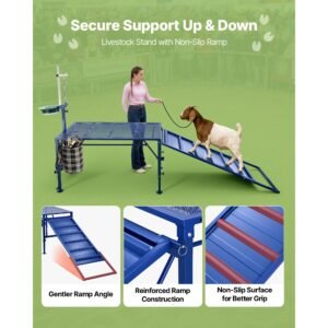 goat milking stand, 600 lbs heavy duty foldable goat stand with ramp, feed bin & wheels, adjustable headpiece & basket, stanchion for grooming & hoof trimming, metal livestock platform for sheep