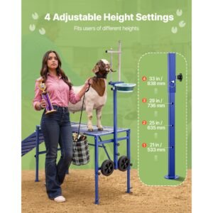 goat milking stand, 600 lbs heavy duty foldable goat stand with ramp, feed bin & wheels, adjustable headpiece & basket, stanchion for grooming & hoof trimming, metal livestock platform for sheep