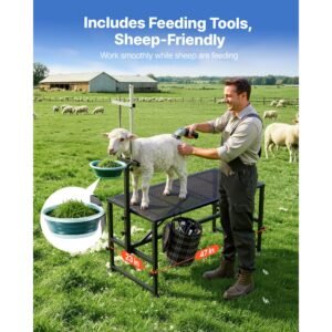 goat milking stand, 600 lbs heavy duty goat stand with feed bin, adjustable headpiece & tool basket, stanchion for grooming & hoof trimming, metal livestock platform for sheep, 47" x 23", black