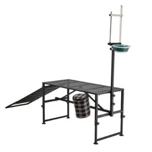 Goat Milking Stand, 600 lbs Heavy Duty Goat Stand with Ramp & Feed Bin, Adjustable Headpiece & Tool Basket, Stanchion for Grooming & Hoof Trimming, Metal Livestock Platform for Sheep Lamb, Black
