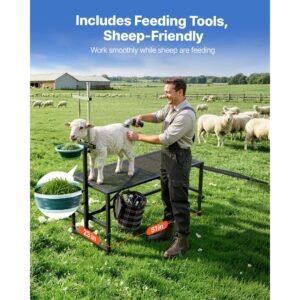 goat milking stand, 600 lbs heavy duty goat stand with ramp & feed bin, adjustable headpiece & tool basket, stanchion for grooming & hoof trimming, metal livestock platform for sheep lamb, black
