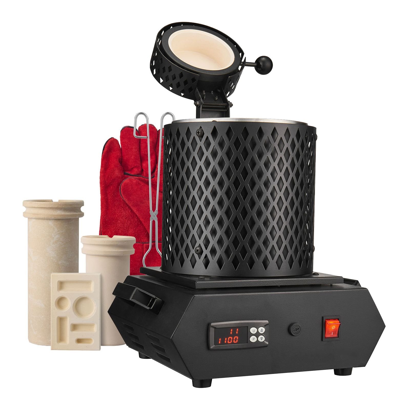 gold melting furnace, 1350w, 2102 f, pid digital electric melting furnace with 1 kg and 3 kg ceramic crucibles, insulated gloves, crucible tongs and tray, for gold, silver, aluminum, copper