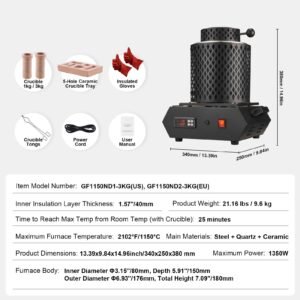 gold melting furnace, 1350w, 2102 fahrenheit max temperature, digital electric melting furnace with 1 kg and 3 kg ceramic crucibles, crucible tongs, and gloves, for silver, aluminum, copper