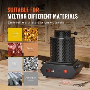 gold melting furnace, 1350w, 2102 fahrenheit max temperature, digital electric melting furnace with 1 kg and 3 kg ceramic crucibles, crucible tongs, and gloves, for silver, aluminum, copper