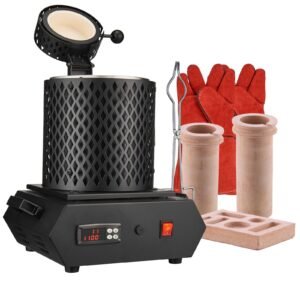 Gold Melting Furnace, 1350W, 2102 Fahrenheit Max Temperature, Digital Electric Melting Furnace with 1 kg and 3 kg Ceramic Crucibles, Crucible Tongs, and Gloves, for Silver, Aluminum, Copper