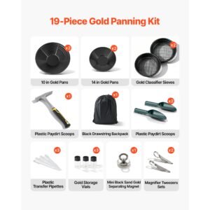 gold panning kit, 10 in and 14 in pans, 19 pcs portable prospecting equipment kit with classifier sieves, sand magnet, rock pick, scoops, backpack, and accessories, for outdoor gold recovery