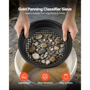 gold panning kit, 10 in and 14 in pans, 19 pcs portable prospecting equipment kit with classifier sieves, sand magnet, rock pick, scoops, backpack, and accessories, for outdoor gold recovery