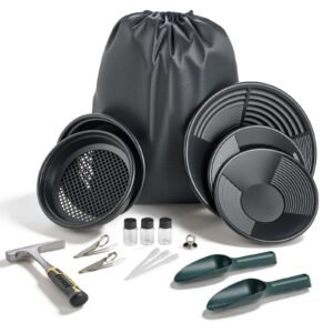 Gold Panning Kit, 10 in and 14 in Pans, 19 PCS Portable Prospecting Equipment Kit with Classifier Sieves, Sand Magnet, Rock Pick, Scoops, Backpack, and Accessories, for Outdoor Gold Recovery