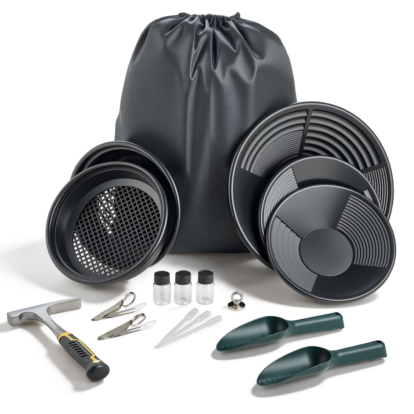 gold panning kit, 10 in and 14 in pans, 19 pcs portable prospecting equipment kit with classifier sieves, sand magnet, rock pick, scoops, backpack, and accessories, for outdoor gold recovery