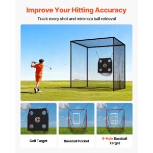 golf batting cage, 10 x 10 x 10 ft golf cage, driving hitting cages with 3 ply knotless polyester, golfs target & 9 hole baseball target, golfs hitting net for indoor, outdoor, backyard