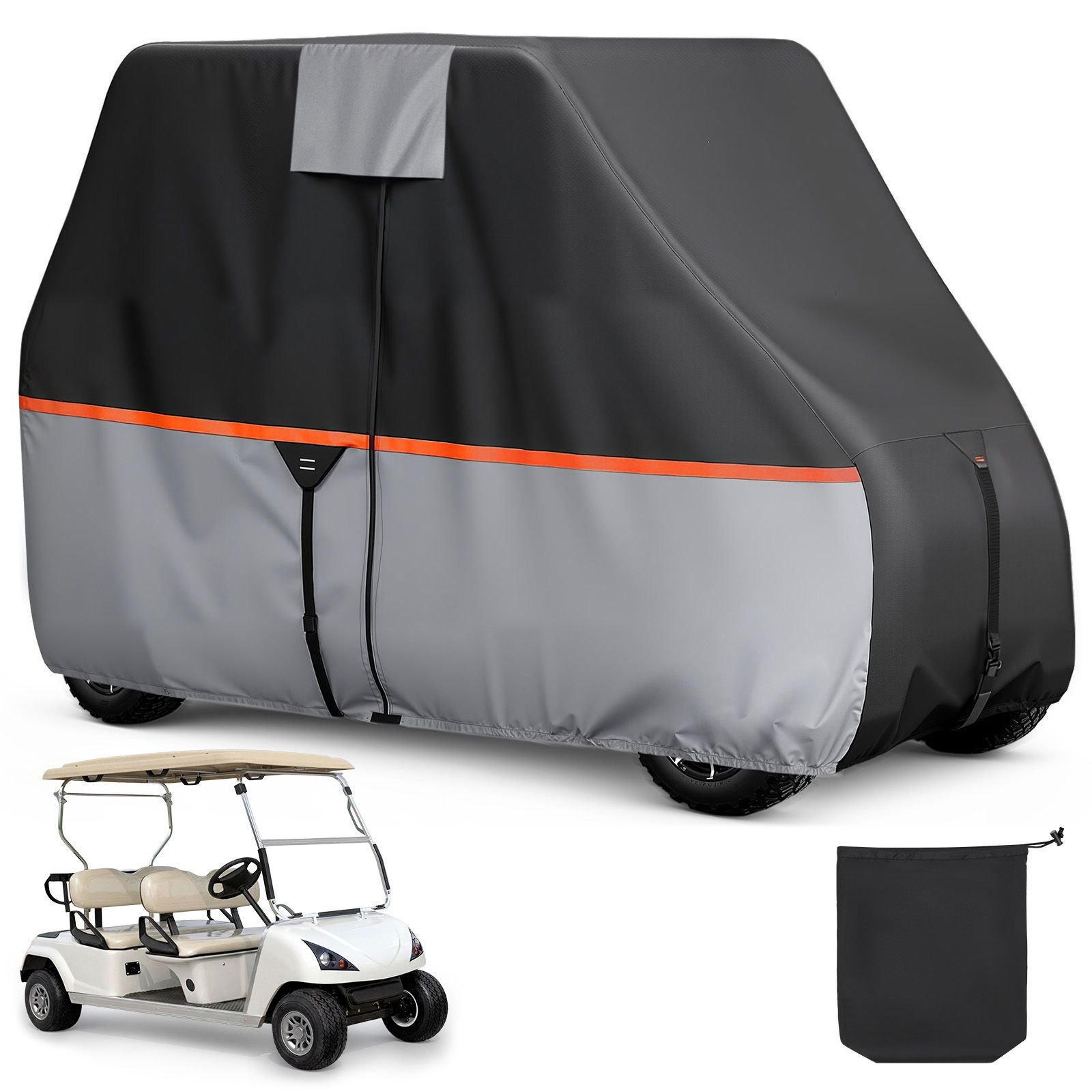 golf cart cover, full coverage 2+2/4 passenger golf cart, 420d waterproof oxford fabric club car cover fits most carts club car, yamaha, ezgo, honda, silver coated layer & three zipper doors