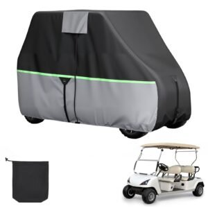 Golf Cart Cover, Full Coverage 2+2/4 Passenger Golf Cart, 600D Waterproof Oxford Fabric Club Car Cover Fits Most Carts Club Car, Yamaha, EZGO, Honda, PU Coating & Three Zipper Doors