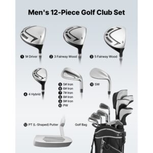 golf club set, 12 pieces men's complete golf club set right handed with 460cc #1 driver, #3 & 5 fairway wood, #4 hybrid, #5/#6/#7/#8/#9/#pw/#sw irons, l shaped putter, golf stand bag, black
