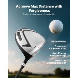 golf club set, 12 pieces men's complete golf club set right handed with 460cc #1 driver, #3 & 5 fairway wood, #4 hybrid, #5/#6/#7/#8/#9/#pw/#sw irons, l shaped putter, golf stand bag, black