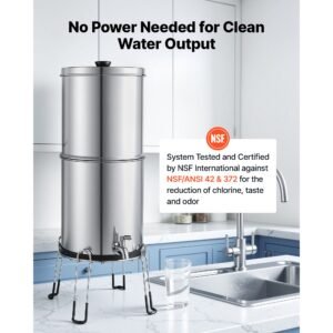 gravity fed water filter system, 2.25g 304 stainless steel countertop water filtration system, reduces lead and up to 99% of chlorine, w/ 2 carbon filter, 2 defluorination filter, spigot, stand