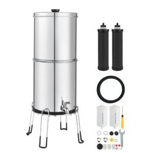 Gravity-fed Water Filter System, 2.25G 304 Stainless-Steel Countertop Water Filtration System, Reduces Lead and up to 99% of Chlorine, w/ 2 Carbon Filter, 2 Defluorination Filter, Spigot, Stand