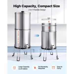 gravity fed water filter system, 2.25g 304 stainless steel countertop water filtration system, reduces lead and up to 99% of chlorine, w/ 2 carbon filter, 2 defluorination filter, spigot, stand