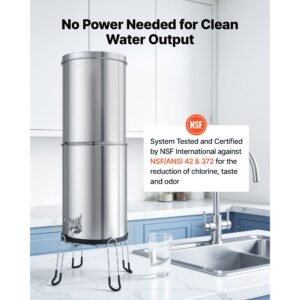 gravity fed water filter system, 3.25g 304 stainless steel countertop water filtration system, reduces lead and up to 99% of chlorine, w/ 2 carbon filter, 2 defluorination filter, spigot, stand