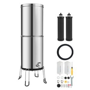 Gravity-fed Water Filter System, 3.25G 304 Stainless-Steel Countertop Water Filtration System, Reduces Lead and up to 99% of Chlorine, w/ 2 Carbon Filter, 2 Defluorination Filter, Spigot, Stand