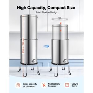 gravity fed water filter system, 3.25g 304 stainless steel countertop water filtration system, reduces lead and up to 99% of chlorine, w/ 2 carbon filter, 2 defluorination filter, spigot, stand