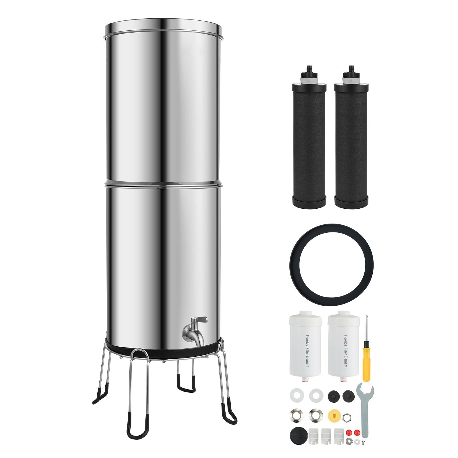 gravity fed water filter system, 3.25g 304 stainless steel countertop water filtration system, reduces lead and up to 99% of chlorine, w/ 2 carbon filter, 2 defluorination filter, spigot, stand