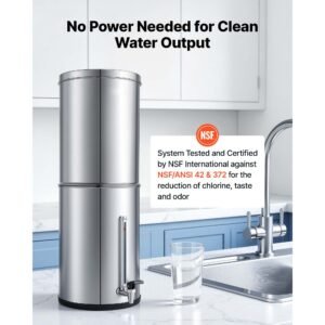 gravity fed water filter system, 3.25g 304 stainless steel countertop water filtration system, reduces lead and up to 99% of chlorine, with 2 carbon filters, water level spigot, for home camping
