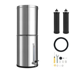 Gravity-fed Water Filter System, 3.25G 304 Stainless-Steel Countertop Water Filtration System, Reduces Lead and up to 99% of Chlorine, with 2 Carbon Filters, Water Level Spigot, for Home Camping