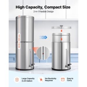 gravity fed water filter system, 3.25g 304 stainless steel countertop water filtration system, reduces lead and up to 99% of chlorine, with 2 carbon filters, water level spigot, for home camping