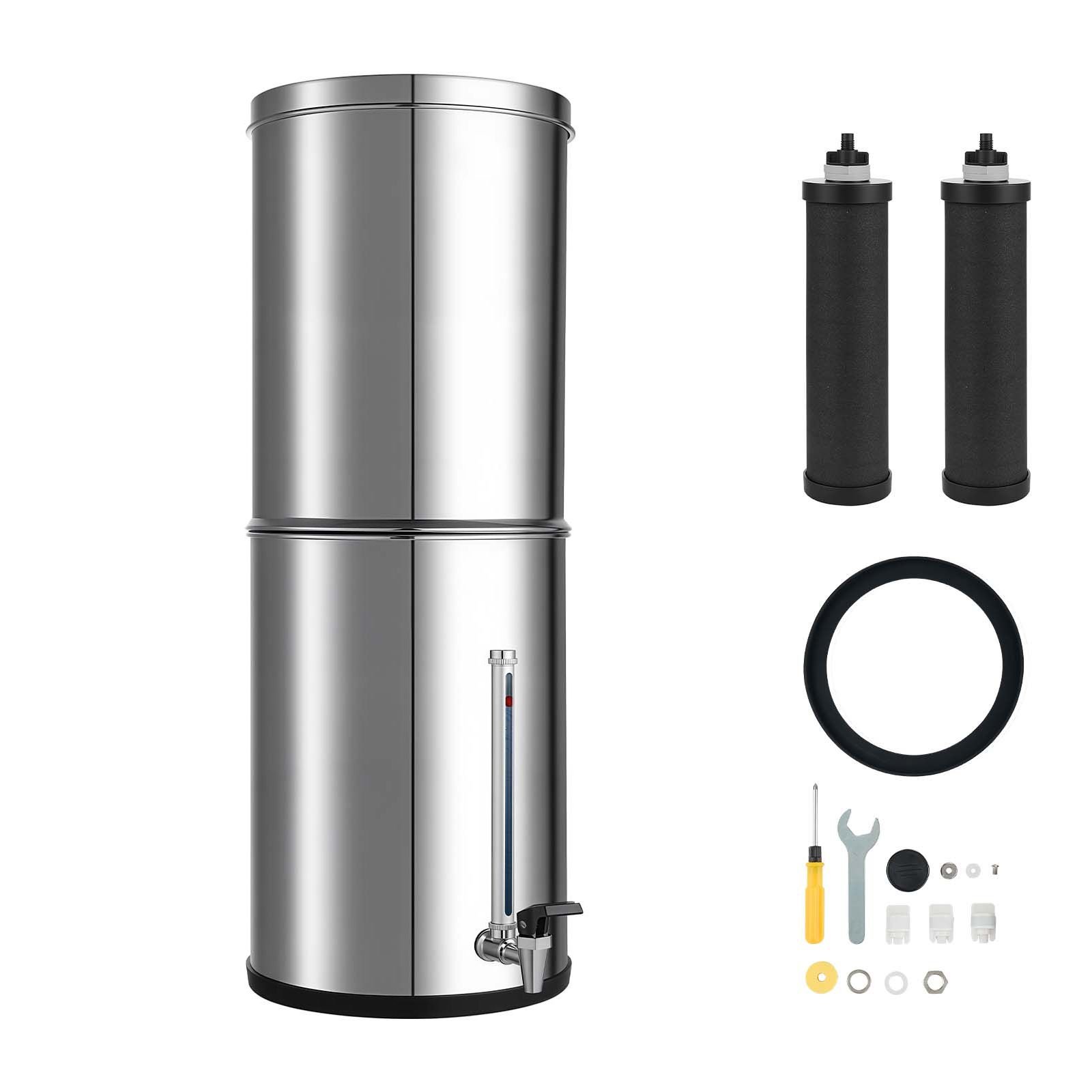 gravity fed water filter system, 3.25g 304 stainless steel countertop water filtration system, reduces lead and up to 99% of chlorine, with 2 carbon filters, water level spigot, for home camping