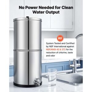 gravity fed water filter system, 3g 304 stainless steel countertop water filtration system, reduces lead and up to 99% of chlorine, with 2 ceramic carbon filters, and spigot, for home camping rv