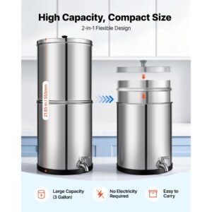 gravity fed water filter system, 3g 304 stainless steel countertop water filtration system, reduces lead and up to 99% of chlorine, with 2 ceramic carbon filters, and spigot, for home camping rv