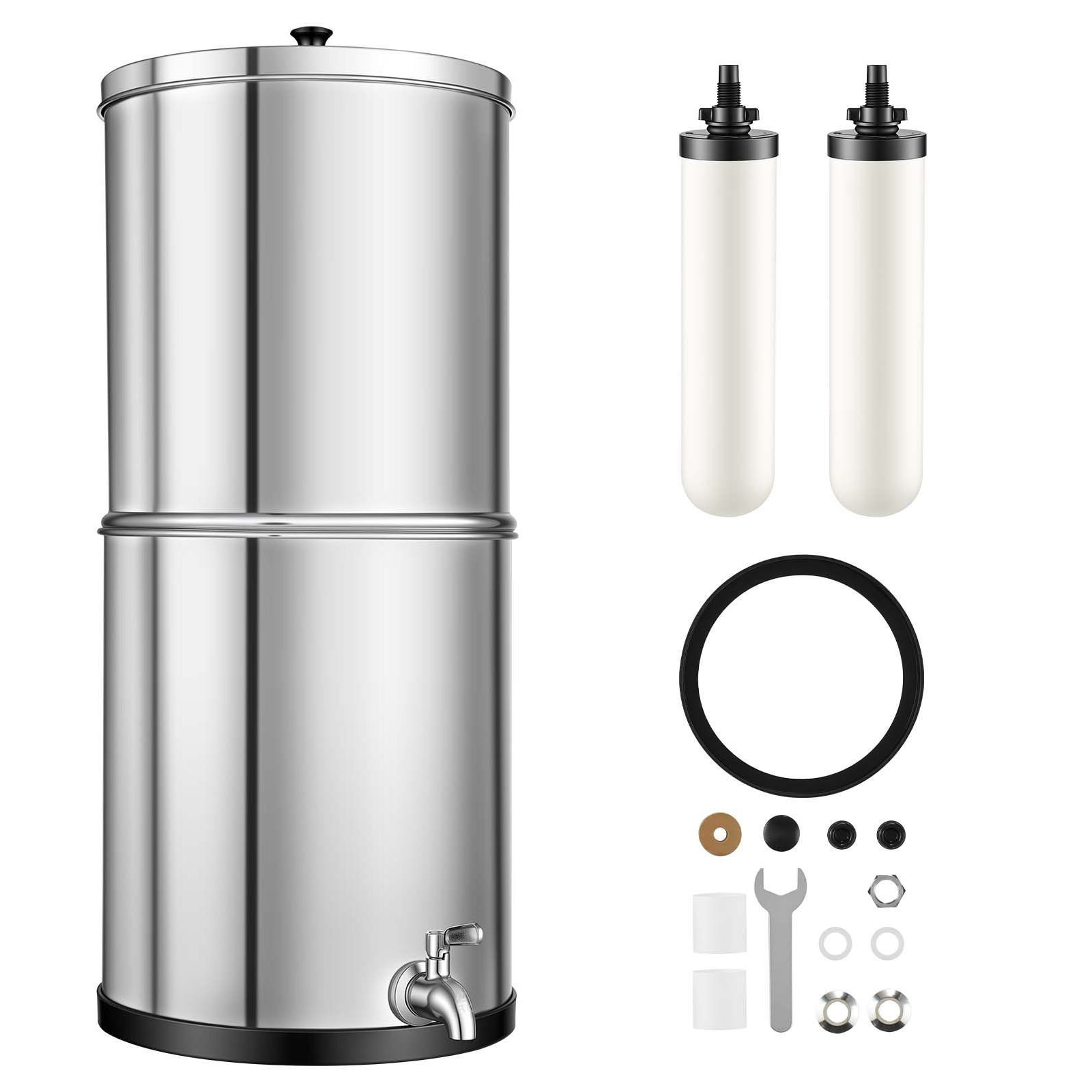 gravity fed water filter system, 3g 304 stainless steel countertop water filtration system, reduces lead and up to 99% of chlorine, with 2 ceramic carbon filters, and spigot, for home camping rv