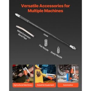 grease gun, 10000 psi high pressure, heavy duty pistol grip grease gun kit with 14 oz capacity, includes 18 inch flex hose, 1 extension rigid pipe and 1 sharp type nozzle for automotive, marine