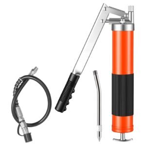 Grease Gun, 10000 PSI High Pressure, Heavy Duty Pistol Grip Grease Gun Kit with 14 oz Capacity, Includes 18-Inch Flex Hose, 1 Extension Rigid Pipe and 1 Sharp Type Nozzle for Automotive, Marine