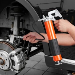 grease gun, 8000 psi high pressure, heavy duty pistol grip grease gun kit with 14 oz capacity, includes 18 inch flex hose, 1 extension rigid pipe and 1 sharp type nozzle for automotive, marine