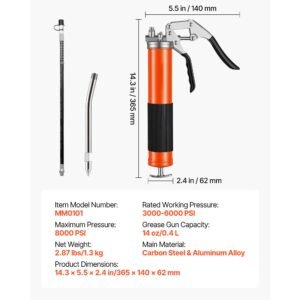 grease gun, 8000 psi high pressure, heavy duty pistol grip grease gun kit with 14 oz capacity, includes 18 inch flex hose, 1 extension rigid pipe and 1 sharp type nozzle for automotive, marine