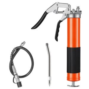 Grease Gun, 8000 PSI High Pressure, Heavy Duty Pistol Grip Grease Gun Kit with 14 oz Capacity, Includes 18-Inch Flex Hose, 1 Extension Rigid Pipe and 1 Sharp Type Nozzle for Automotive, Marine