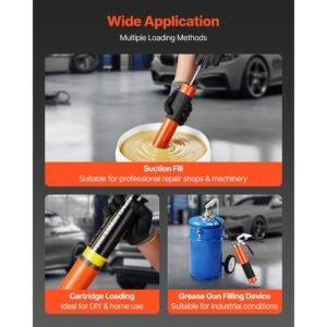 grease gun, 8000 psi high pressure, heavy duty pistol grip grease gun kit with 14 oz capacity, includes 18 inch flex hose, 1 extension rigid pipe and 1 sharp type nozzle for automotive, marine