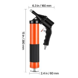 grease gun, continuous cycle heavy duty 6000 psi high pressure, pistol grip grease gun kit with 14 oz capacity, includes 18 inch flex hose, 1 extension rigid pipe, 2 flat nozzles for automotive